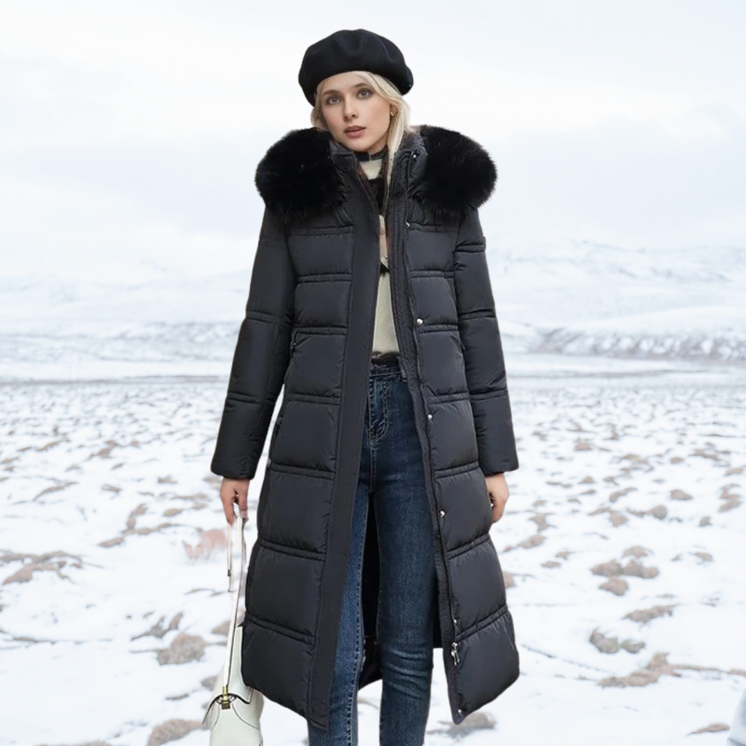 Long Black Puffer Coat with Faux Fur Hood and Quilted Design - Image 4