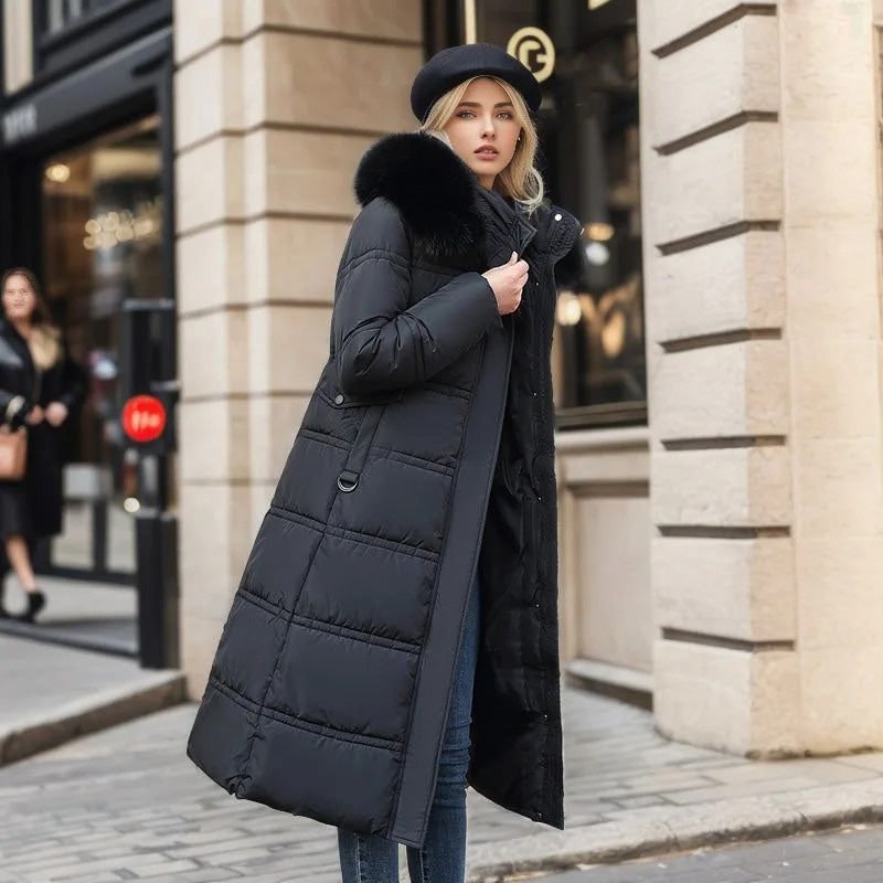 Long Black Puffer Coat with Faux Fur Hood and Quilted Design - Image 5