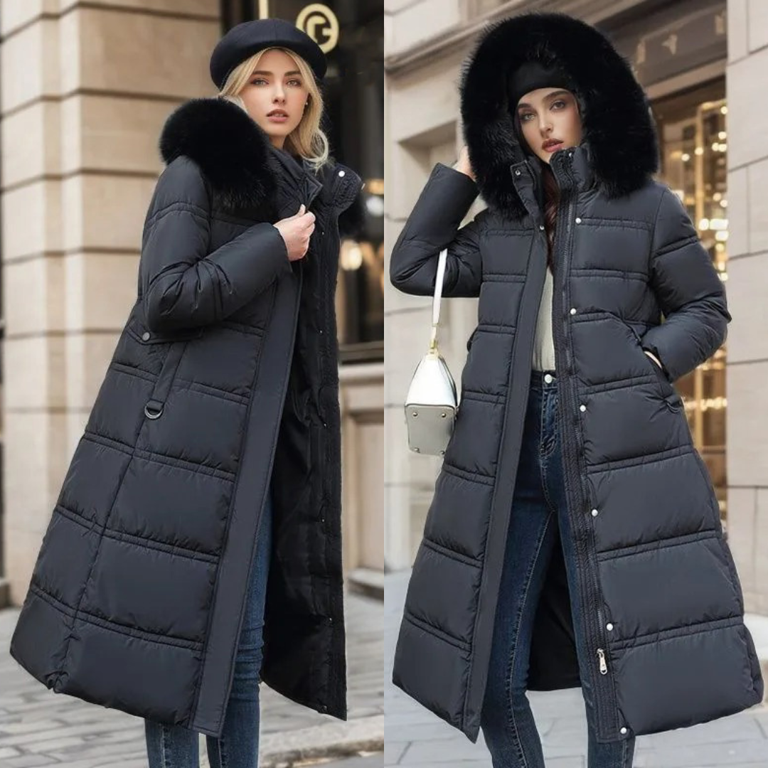 Long Black Puffer Coat with Faux Fur Hood and Quilted Design - Image 6