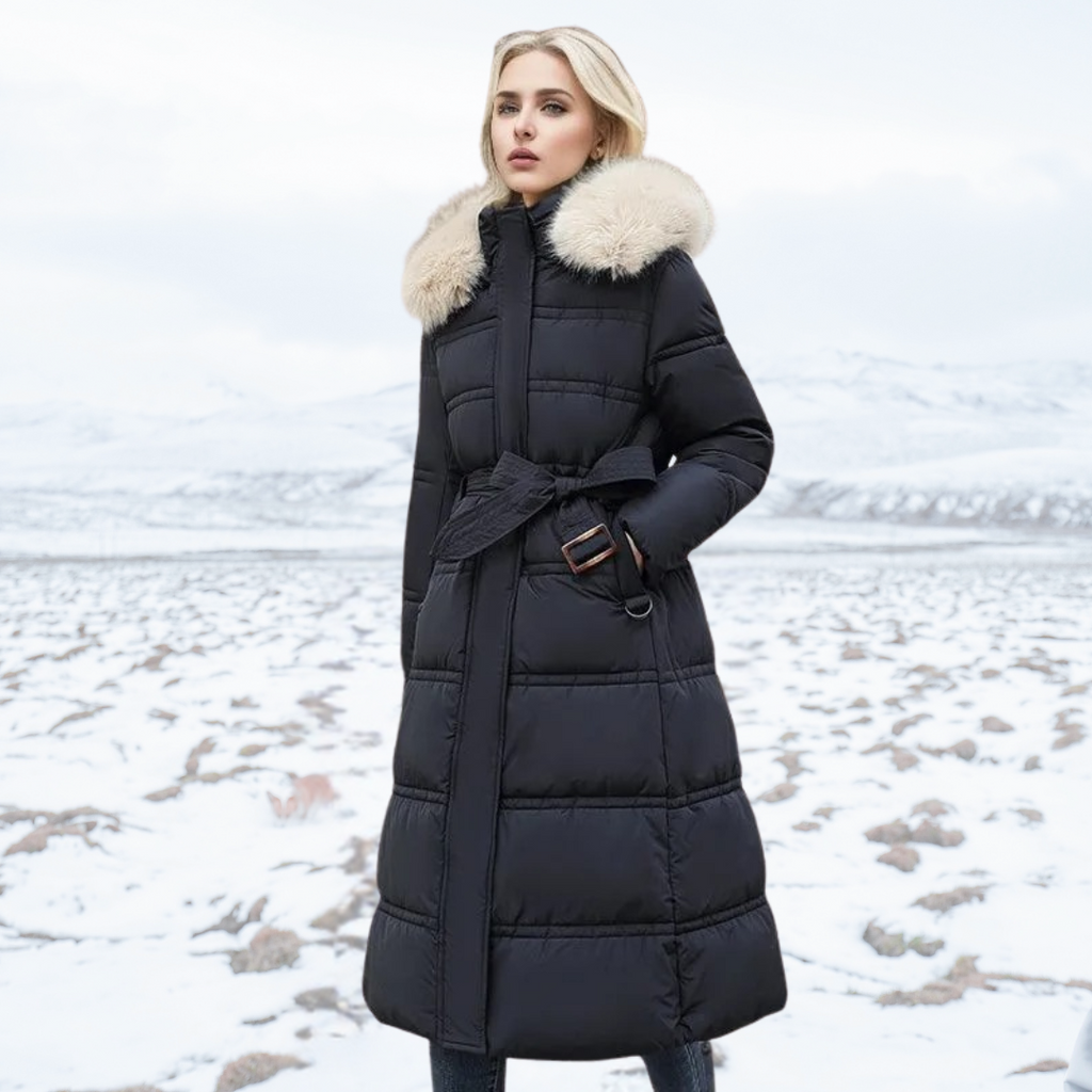 Long Black Puffer Coat with Faux Fur Hood and Quilted Design - Image 7