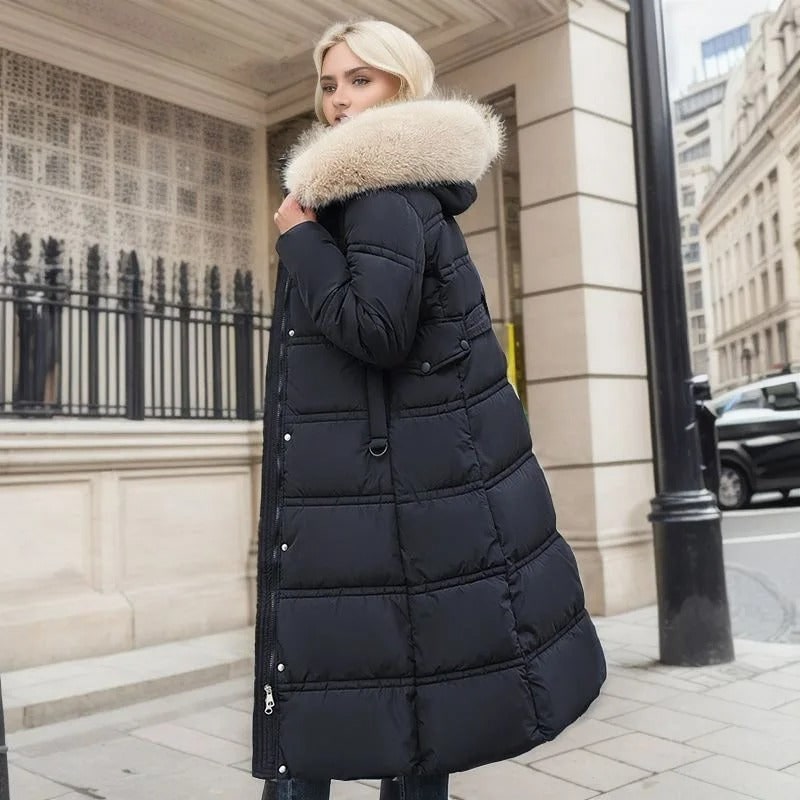 Long Black Puffer Coat with Faux Fur Hood and Quilted Design - Image 8
