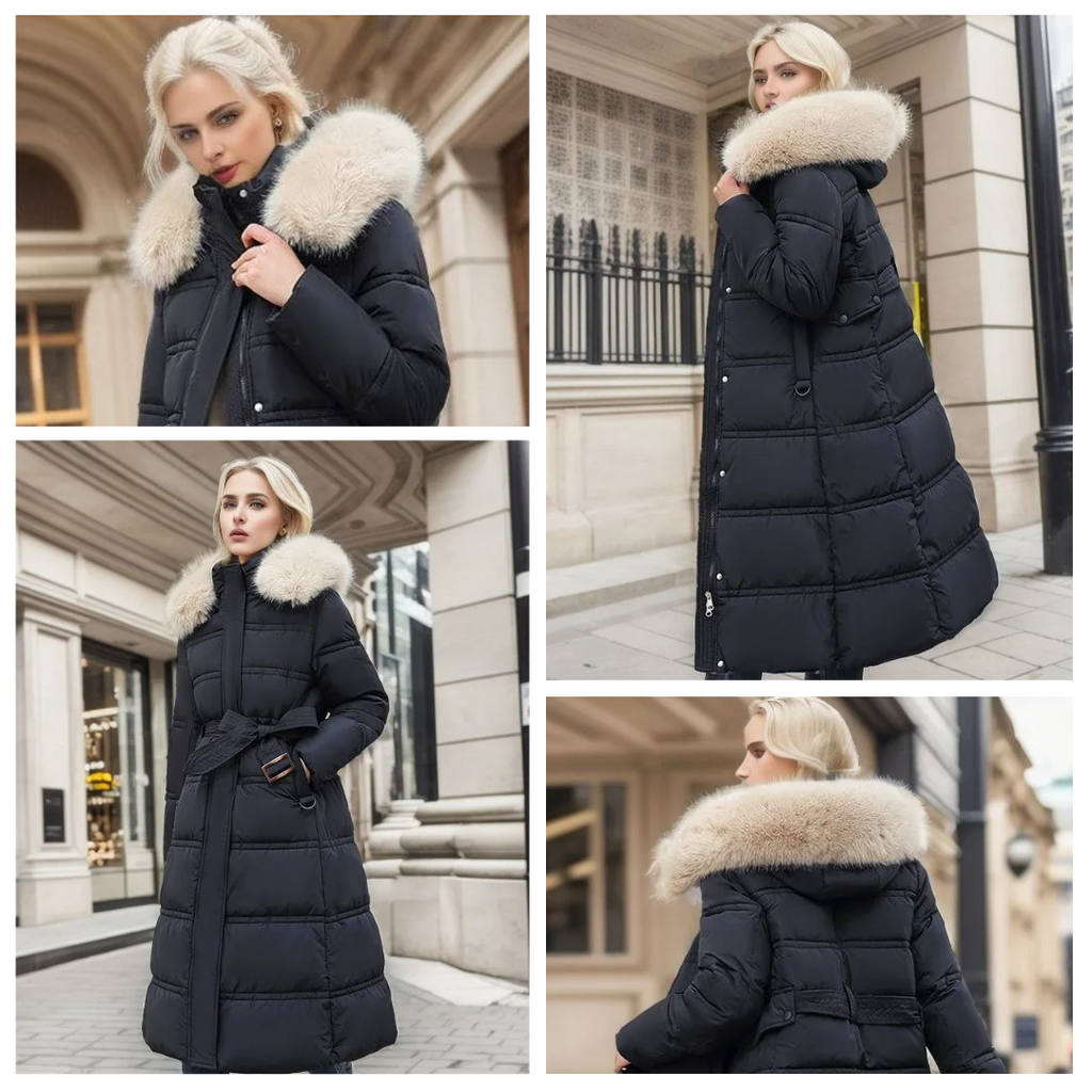 Long Black Puffer Coat with Faux Fur Hood and Quilted Design - Image 9