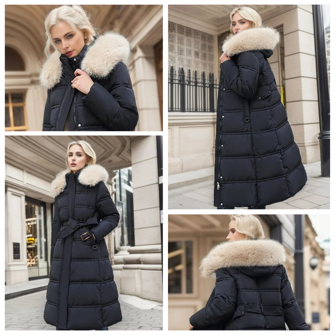 Long Black Puffer Coat with Faux Fur Hood and Quilted Design - Image 9