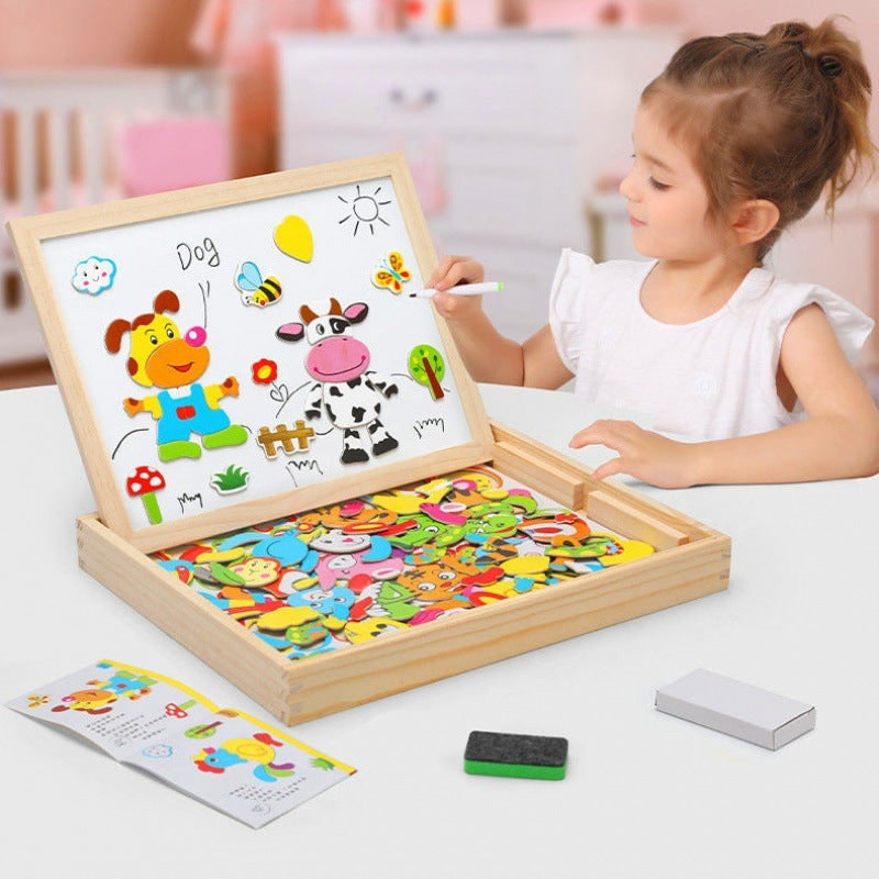 Magnetic Puzzle Board with Double-Sided Chalkboard and Whiteboard - Image 1
