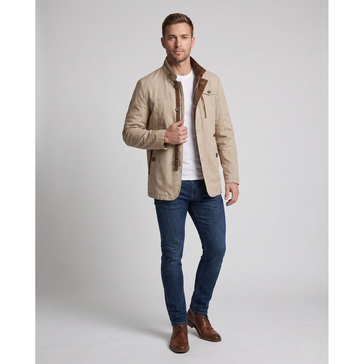 Men's Canvas Jacket with Stand Collar and Dual Zip Button Closure