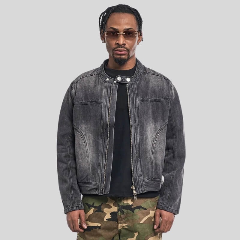 Men's Denim Moto Jacket with Stand Collar Zip Front and Adjustable Waist