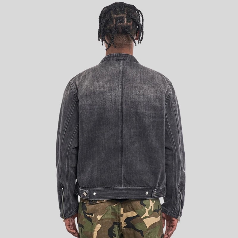 Giacca da moto da uomo in denim con collo rialzato, chiusura frontale con zip e vita regolabile