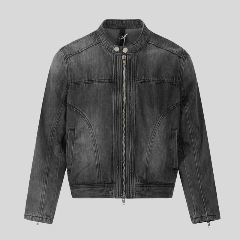 Giacca da moto da uomo in denim con collo rialzato, chiusura frontale con zip e vita regolabile