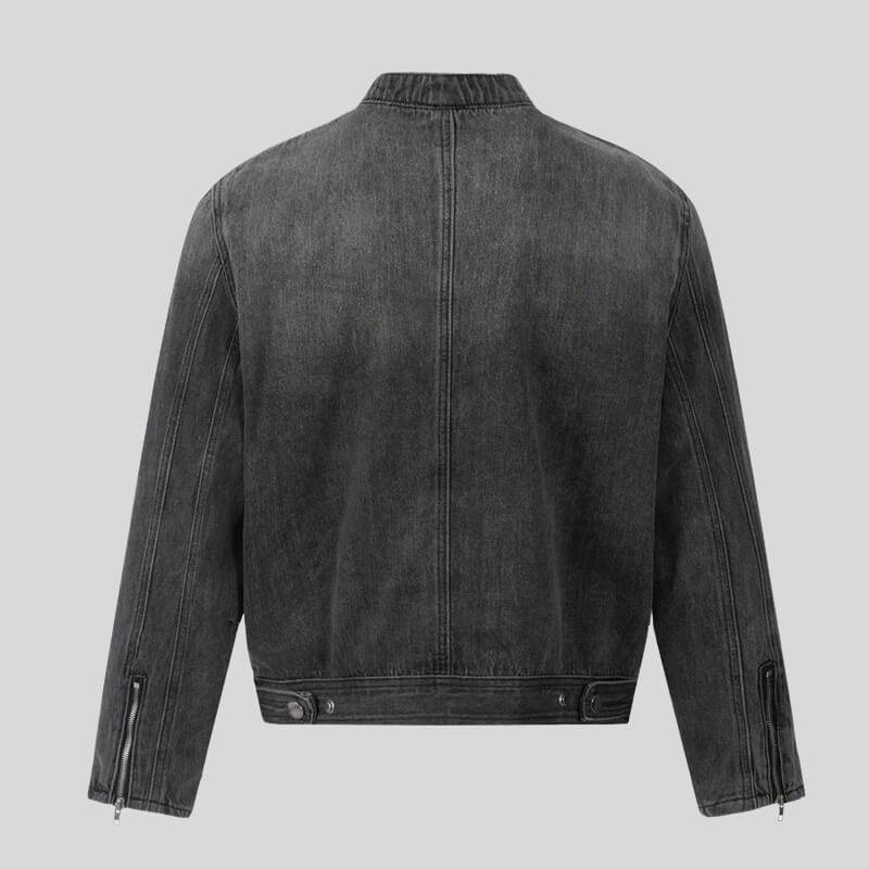 Giacca da moto da uomo in denim con collo rialzato, chiusura frontale con zip e vita regolabile