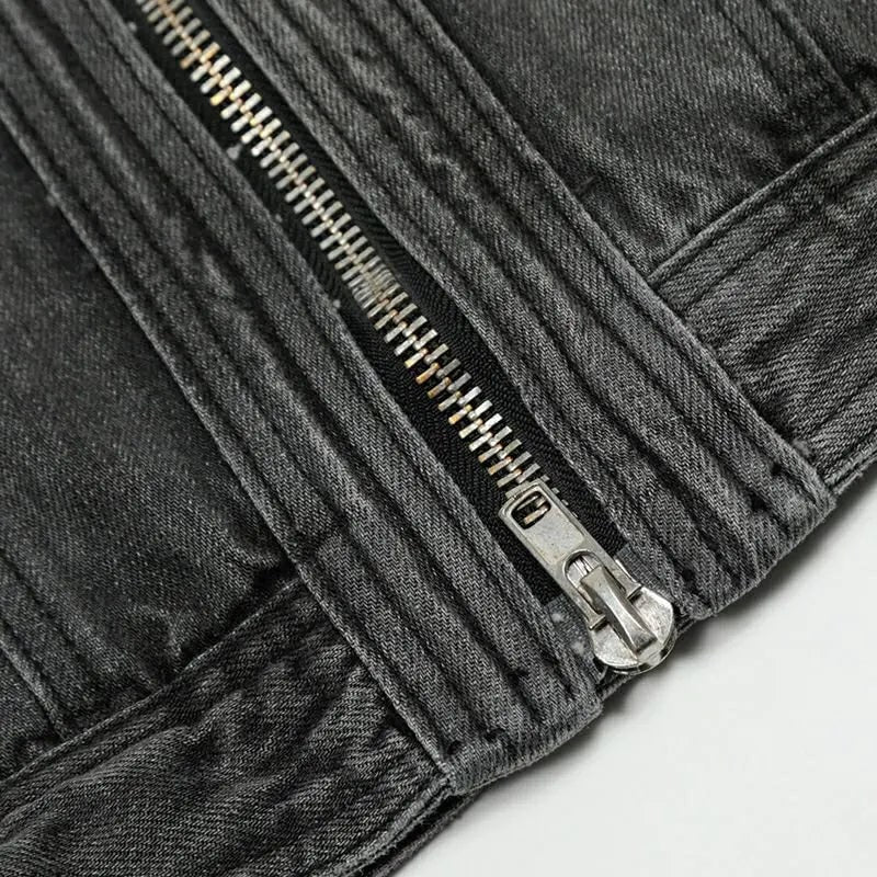 Giacca da moto da uomo in denim con collo rialzato, chiusura frontale con zip e vita regolabile