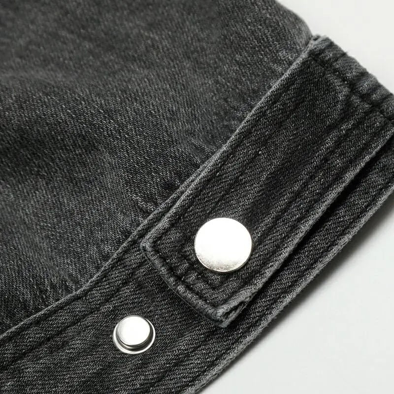 Giacca da moto da uomo in denim con collo rialzato, chiusura frontale con zip e vita regolabile