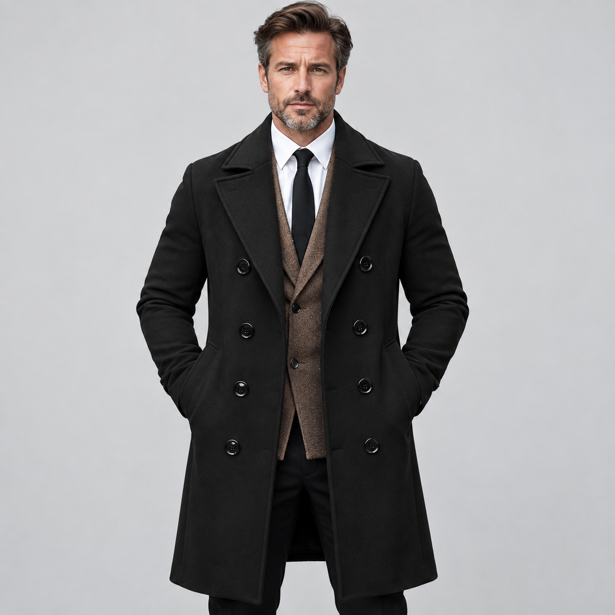 Men's Double Breasted Wool Coat with Contrast Hood and Notched Lapels