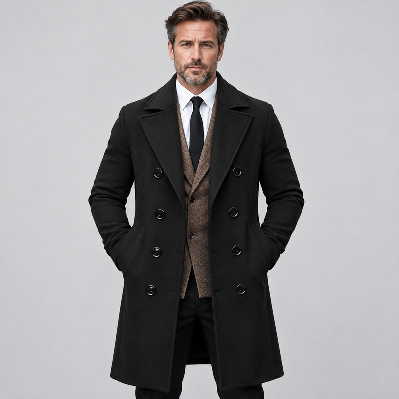 Cappotto da uomo in lana doppiopetto con cappuccio a contrasto e revers a lancia