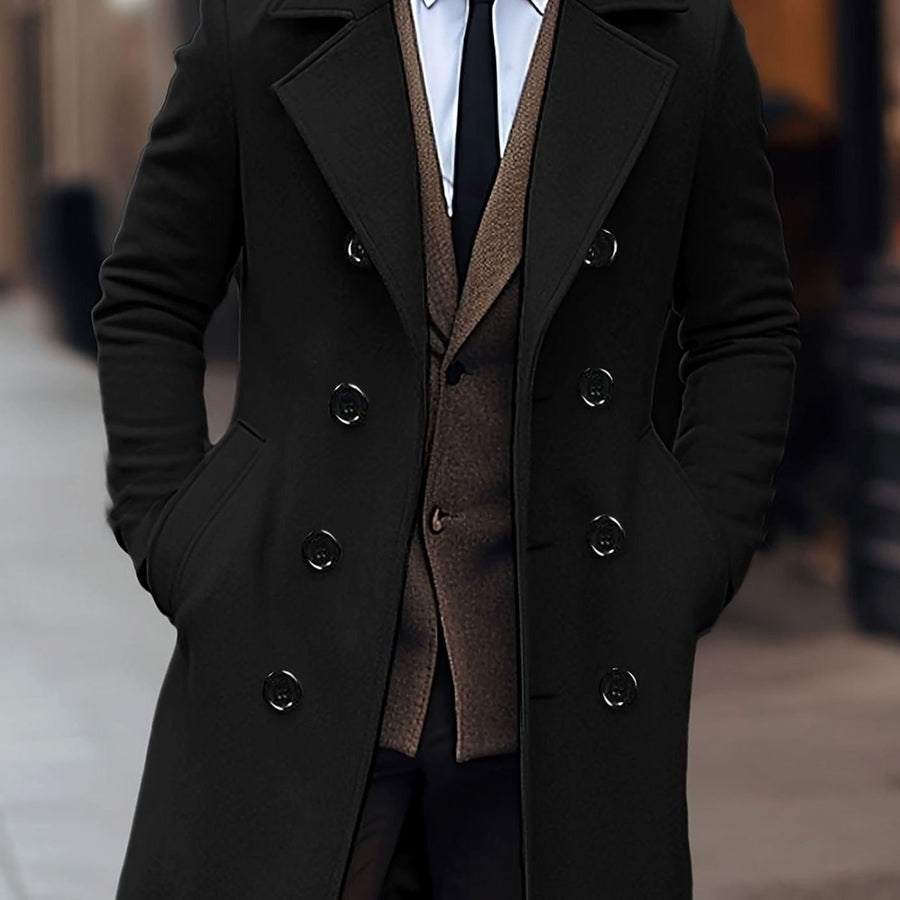Cappotto da uomo in lana doppiopetto con cappuccio a contrasto e revers a lancia