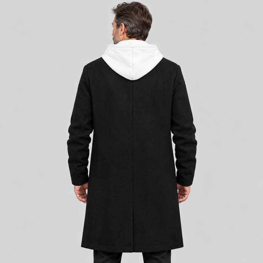 Cappotto da uomo in lana doppiopetto con cappuccio a contrasto e revers a lancia