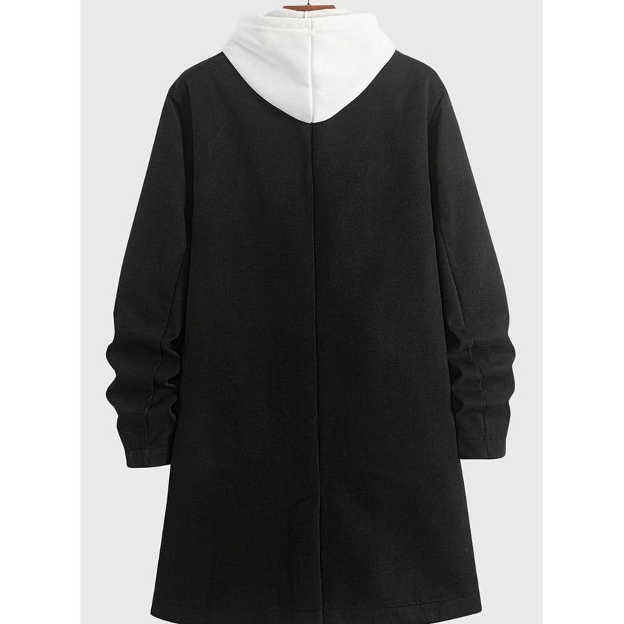 Cappotto da uomo in lana doppiopetto con cappuccio a contrasto e revers a lancia