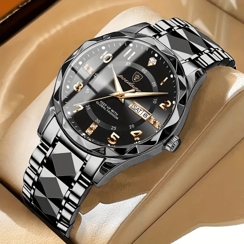 Men's Dress Watch with Day Date Window Faceted Bezel and Metal Bracelet - Image 11