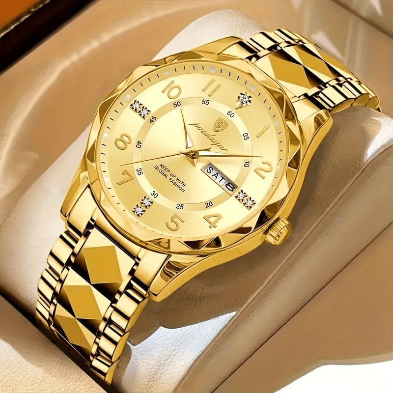Men's Dress Watch with Day Date Window Faceted Bezel and Metal Bracelet - Image 12