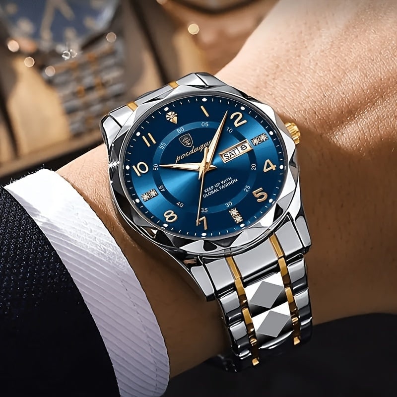 Men's Dress Watch with Day Date Window Faceted Bezel and Metal Bracelet - Image 3