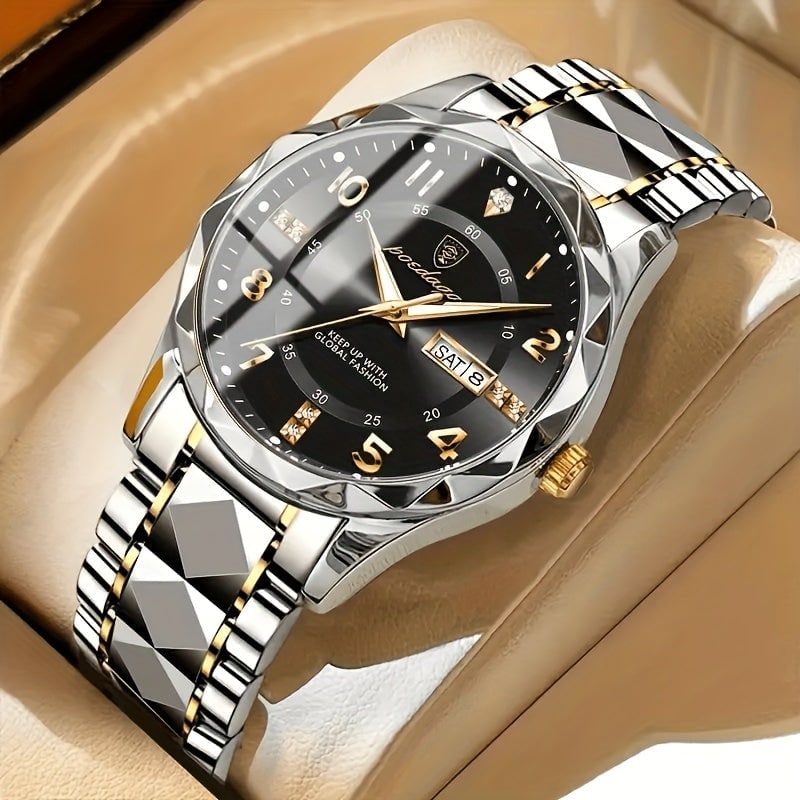 Men's Dress Watch with Day Date Window Faceted Bezel and Metal Bracelet - Image 7