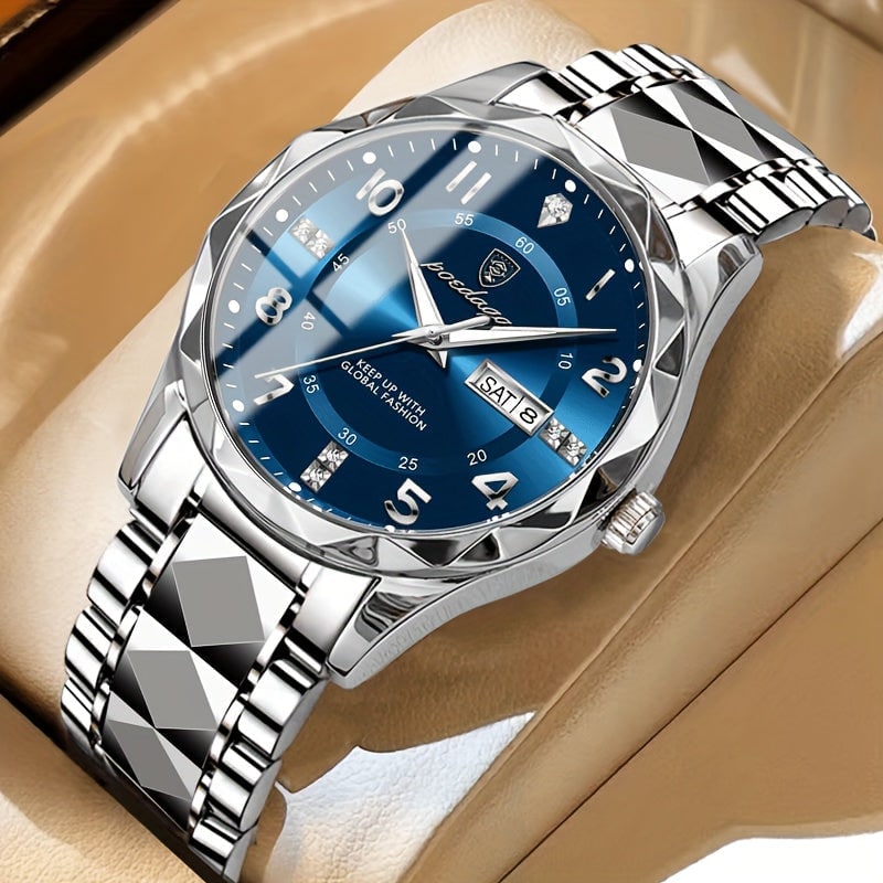 Men's Dress Watch with Day Date Window Faceted Bezel and Metal Bracelet - Image 9