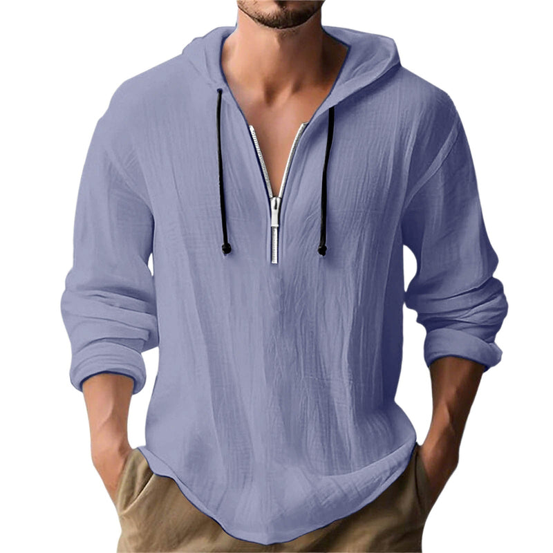 Men's Hooded Half-Zip Shirt with Textured Woven Fabric