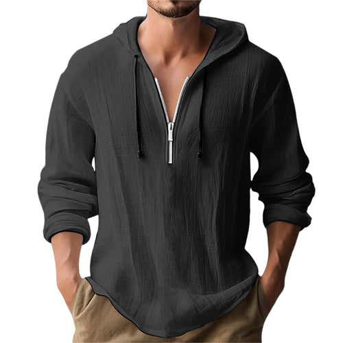 Men's Hooded Half-Zip Shirt with Textured Woven Fabric - Image 2
