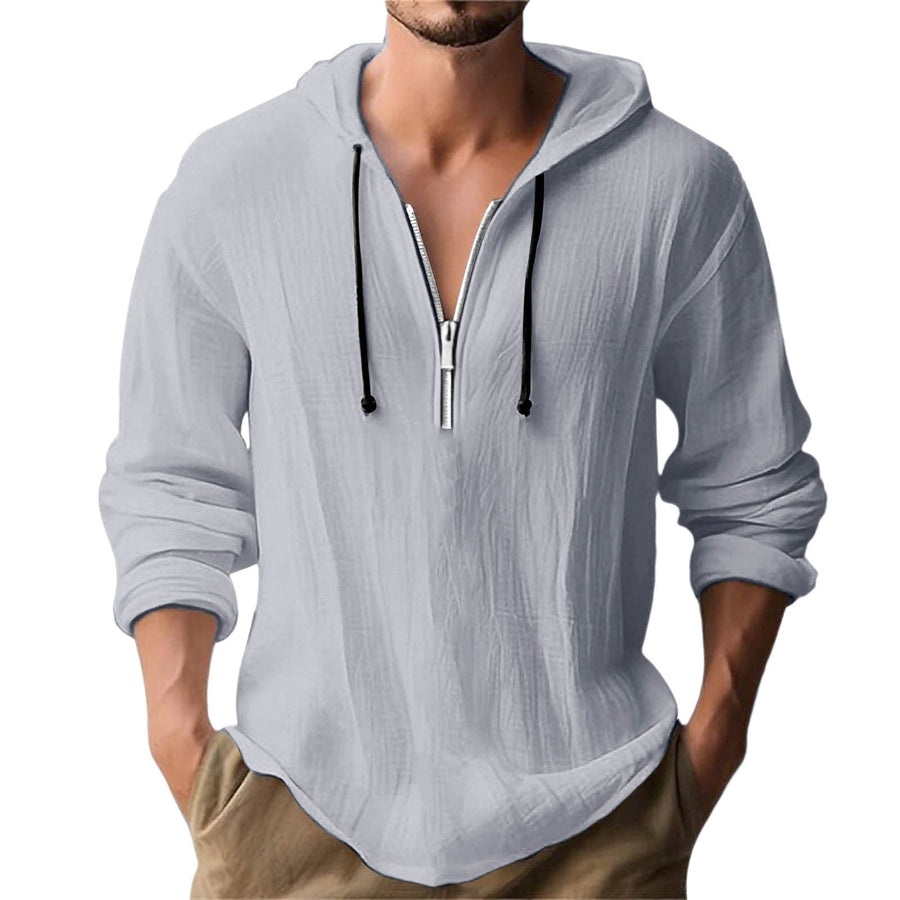 Men's Hooded Half-Zip Shirt with Textured Woven Fabric