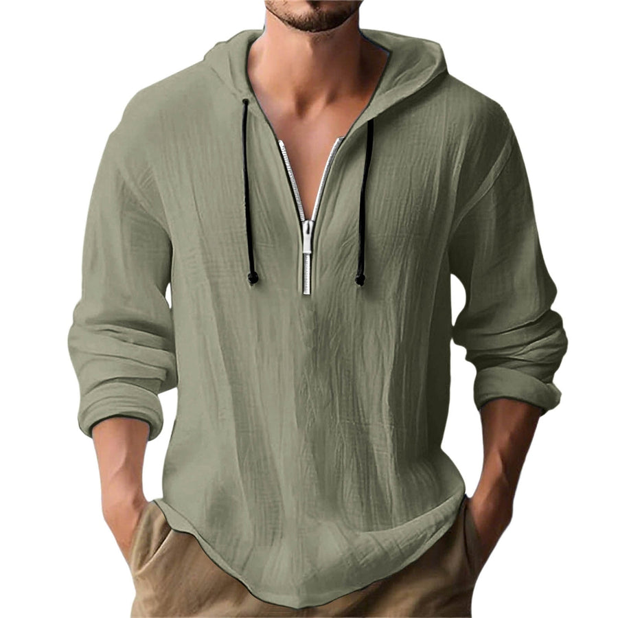 Men's Hooded Half-Zip Shirt with Textured Woven Fabric