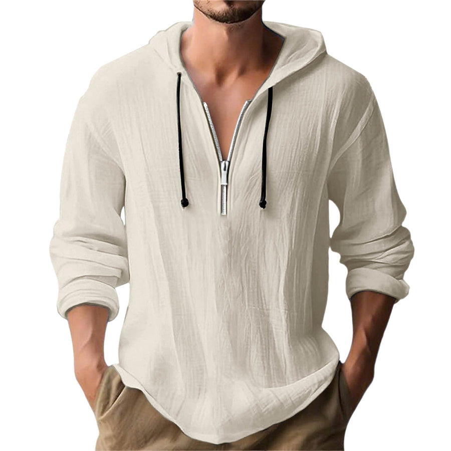 Men's Hooded Half-Zip Shirt with Textured Woven Fabric