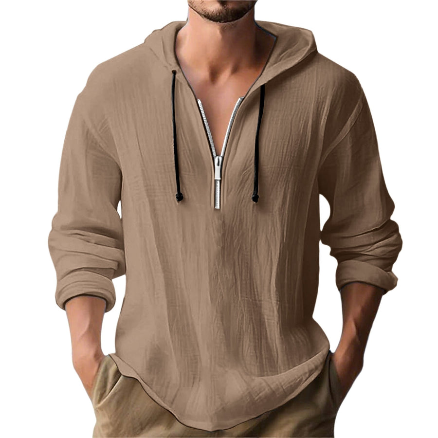 Men's Hooded Half-Zip Shirt with Textured Woven Fabric