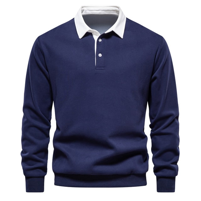 Men's Long Sleeve Polo Sweater with Contrast Collar and Ribbed Cuffs
