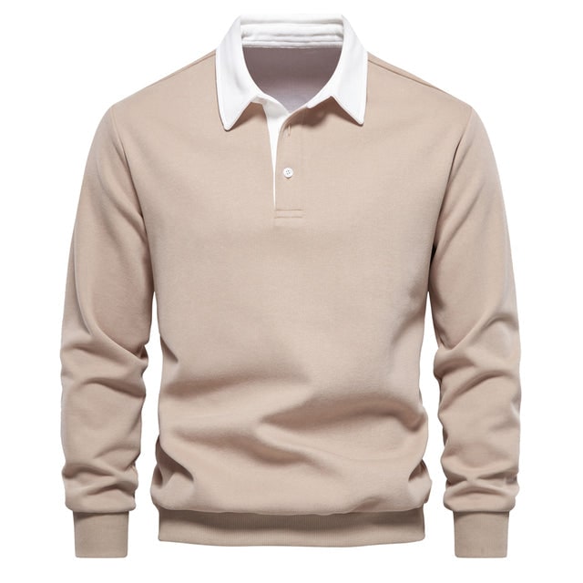 Men's Long Sleeve Polo Sweater with Contrast Collar and Ribbed Cuffs