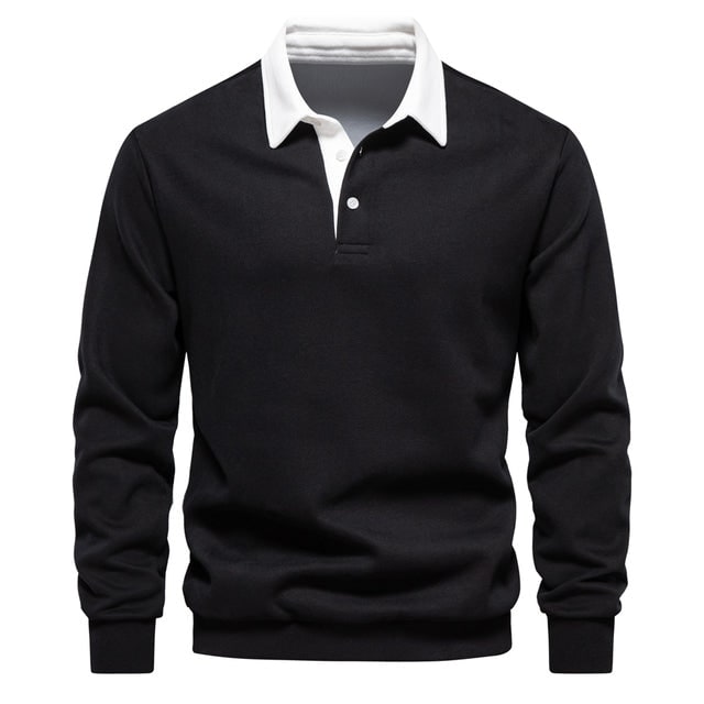 Men's Long Sleeve Polo Sweater with Contrast Collar and Ribbed Cuffs