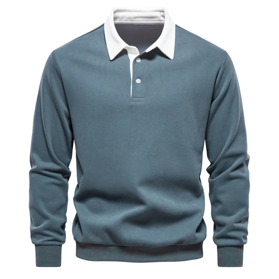 Men's Long Sleeve Polo Sweater with Contrast Collar and Ribbed Cuffs