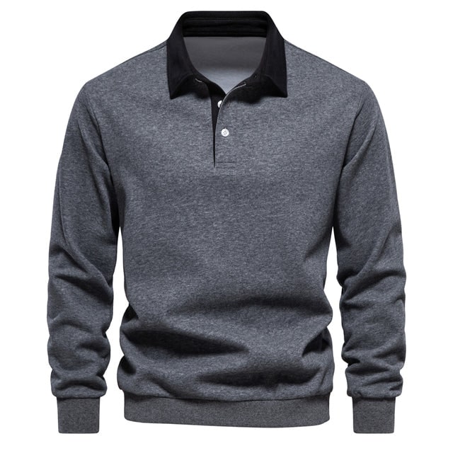 Men's Long Sleeve Polo Sweater with Contrast Collar and Ribbed Cuffs