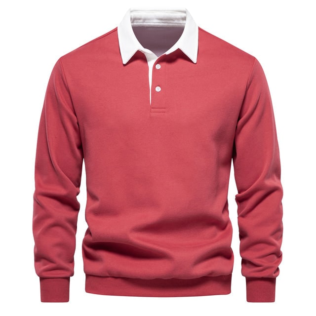 Men's Long Sleeve Polo Sweater with Contrast Collar and Ribbed Cuffs