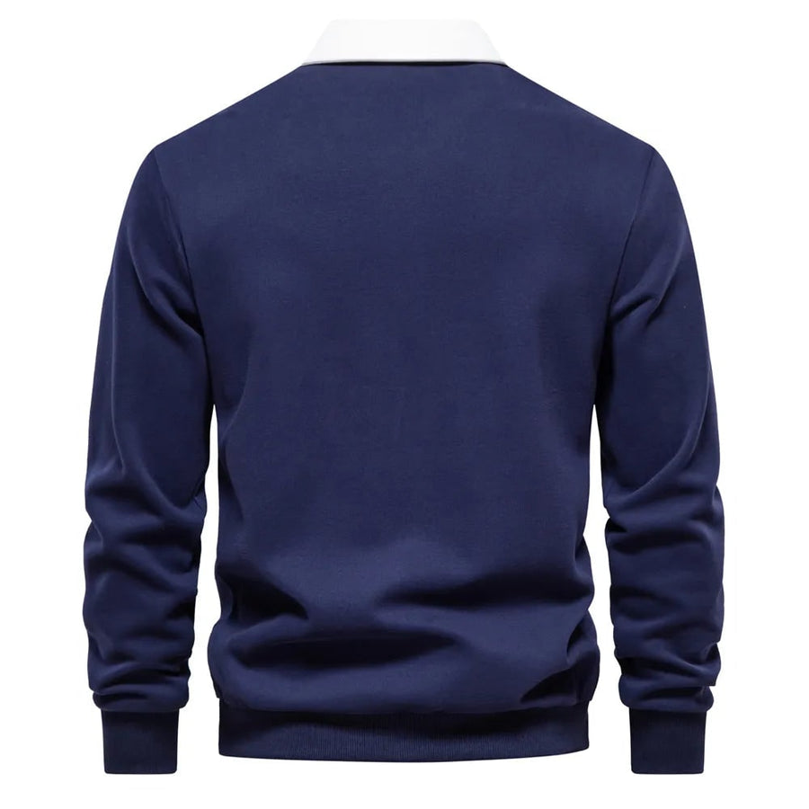 Men's Long Sleeve Polo Sweater with Contrast Collar and Ribbed Cuffs