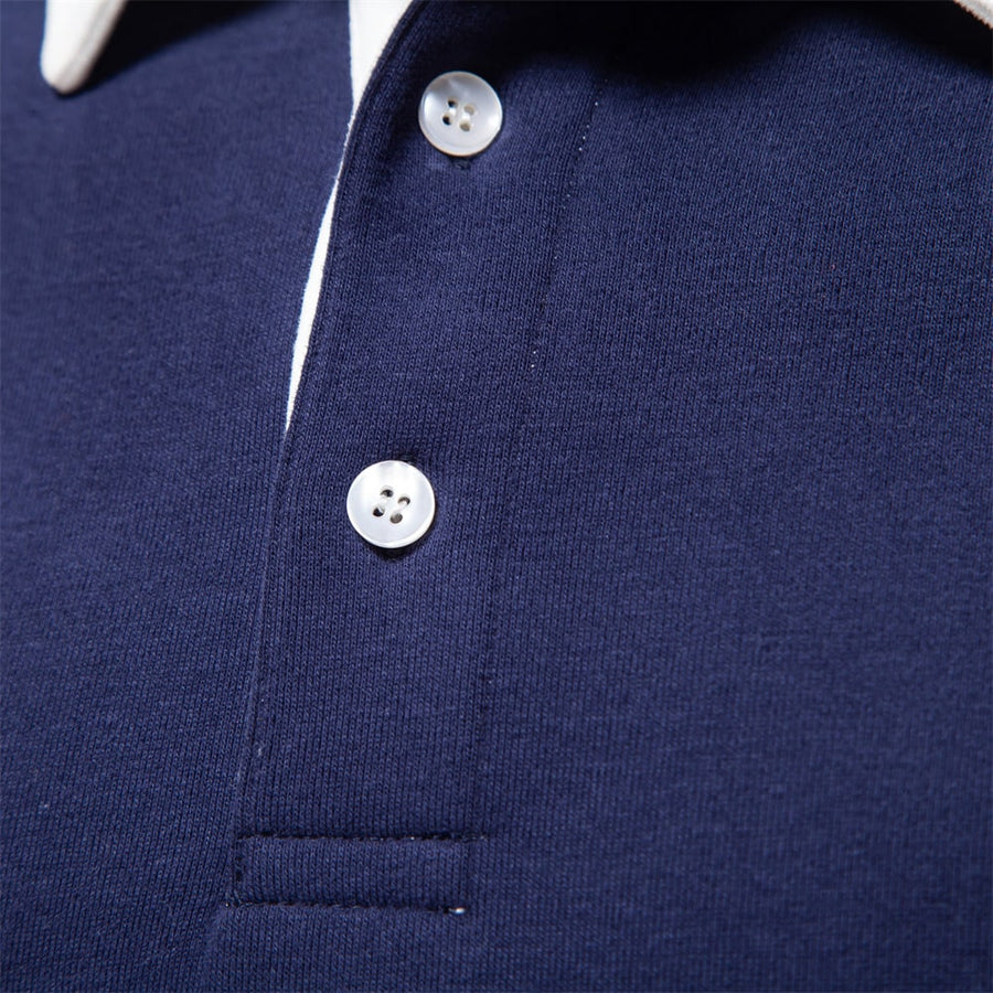 Men's Long Sleeve Polo Sweater with Contrast Collar and Ribbed Cuffs