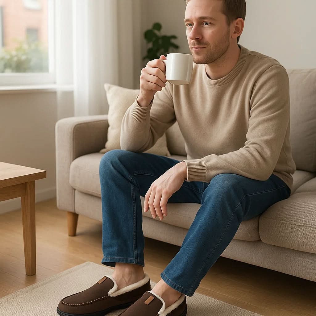 Men's Moccasin Slippers with Fleece Lining and Rubber Sole for Indoor Warmth - Image 2