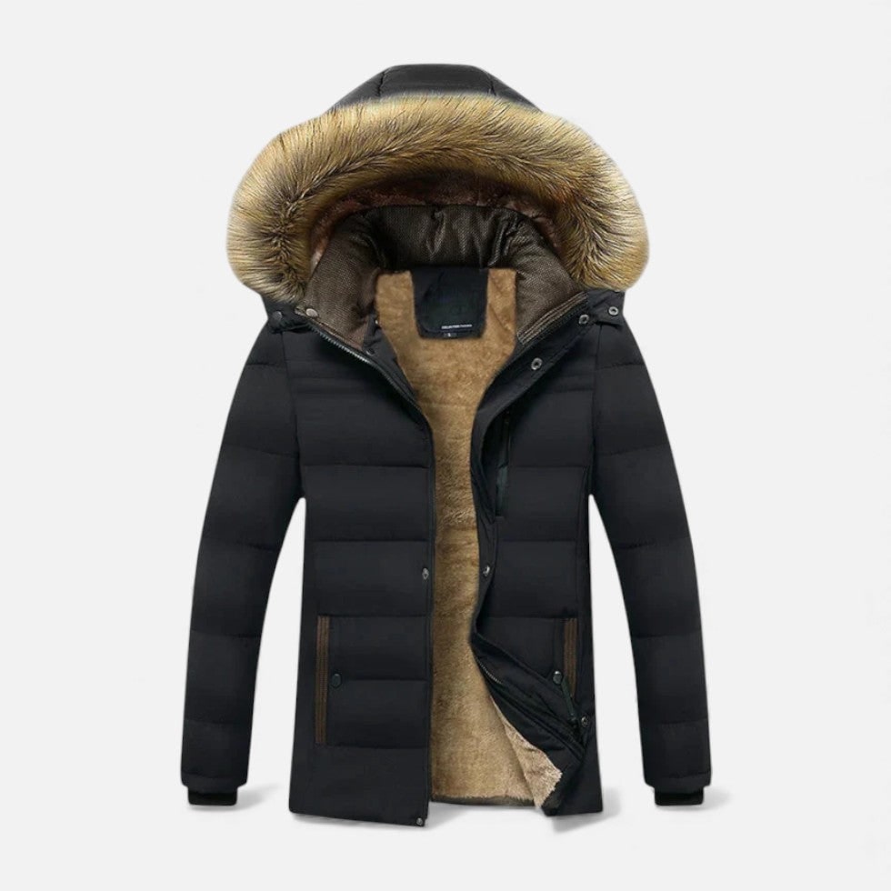 Men's Puffer Jacket with Fleece Lining Faux Fur Hood and Wind-Resistant Outer - Image 1