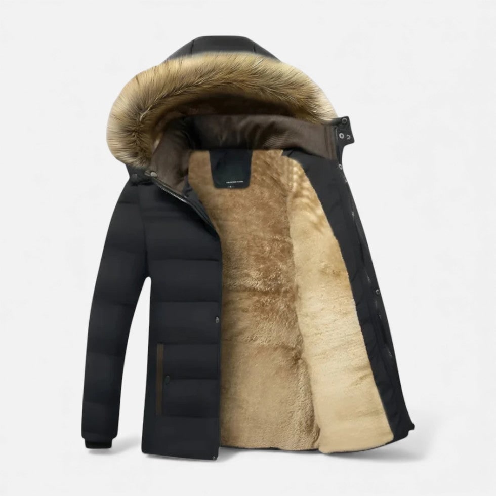 Men's Puffer Jacket with Fleece Lining Faux Fur Hood and Wind-Resistant Outer - Image 2
