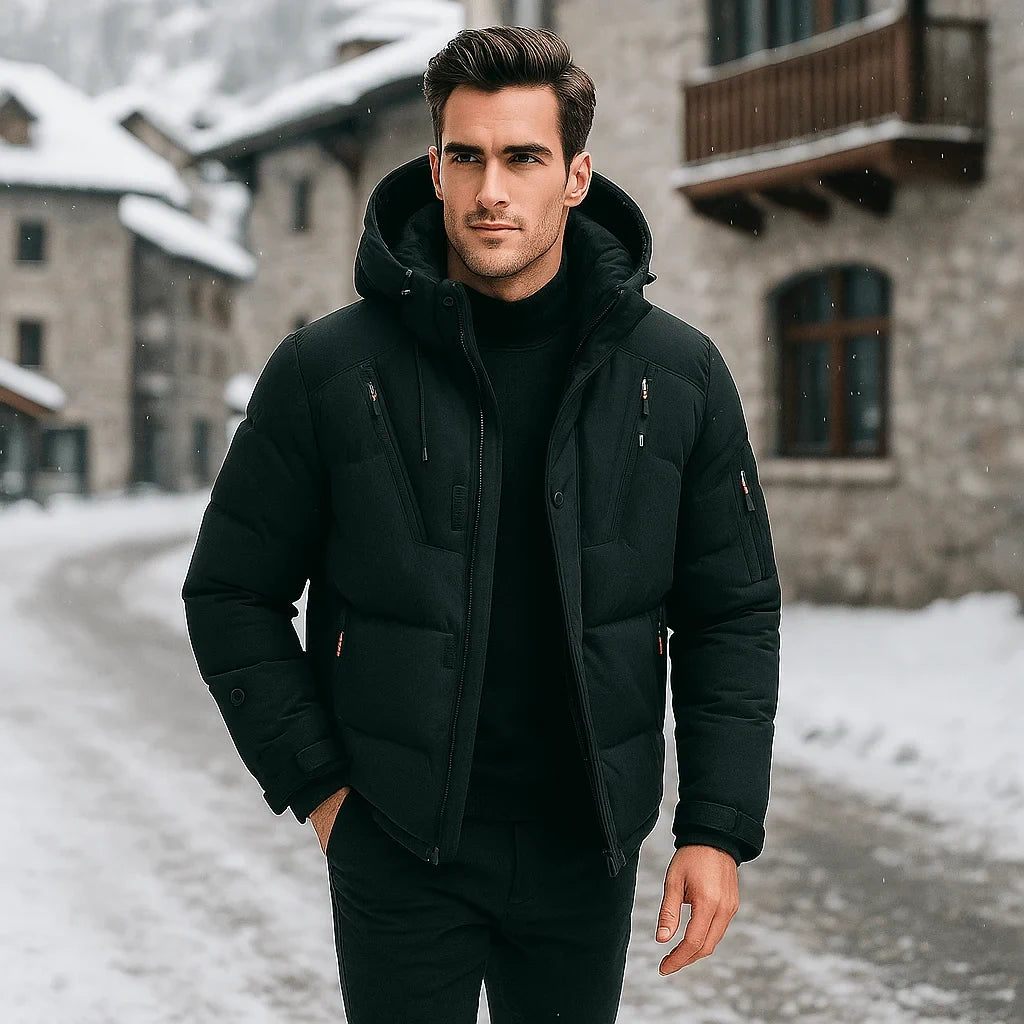 Men's Puffer Jacket with Quilted Design Integrated Hood and Zippered Pockets - Image 1