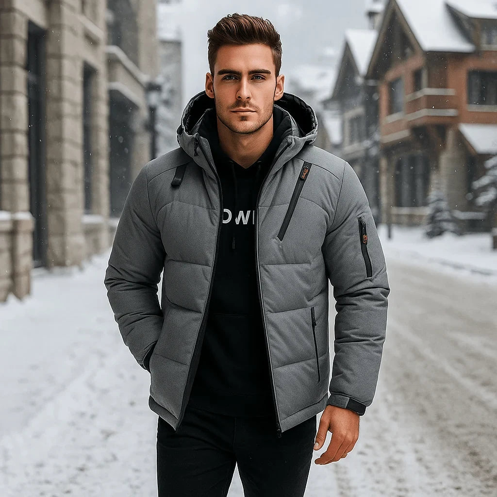 Men's Puffer Jacket with Quilted Design Integrated Hood and Zippered Pockets - Image 2
