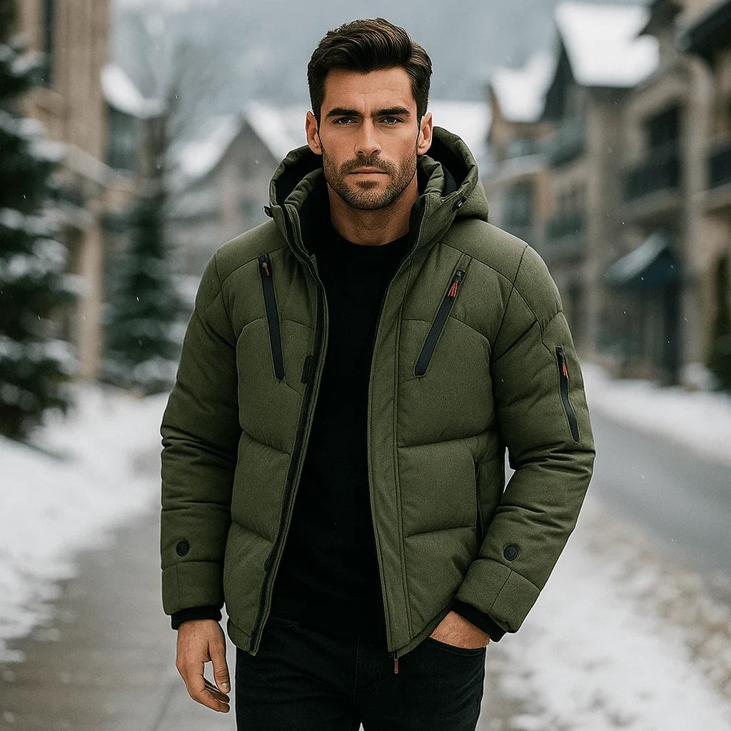 Men's Puffer Jacket with Quilted Design Integrated Hood and Zippered Pockets - Image 3
