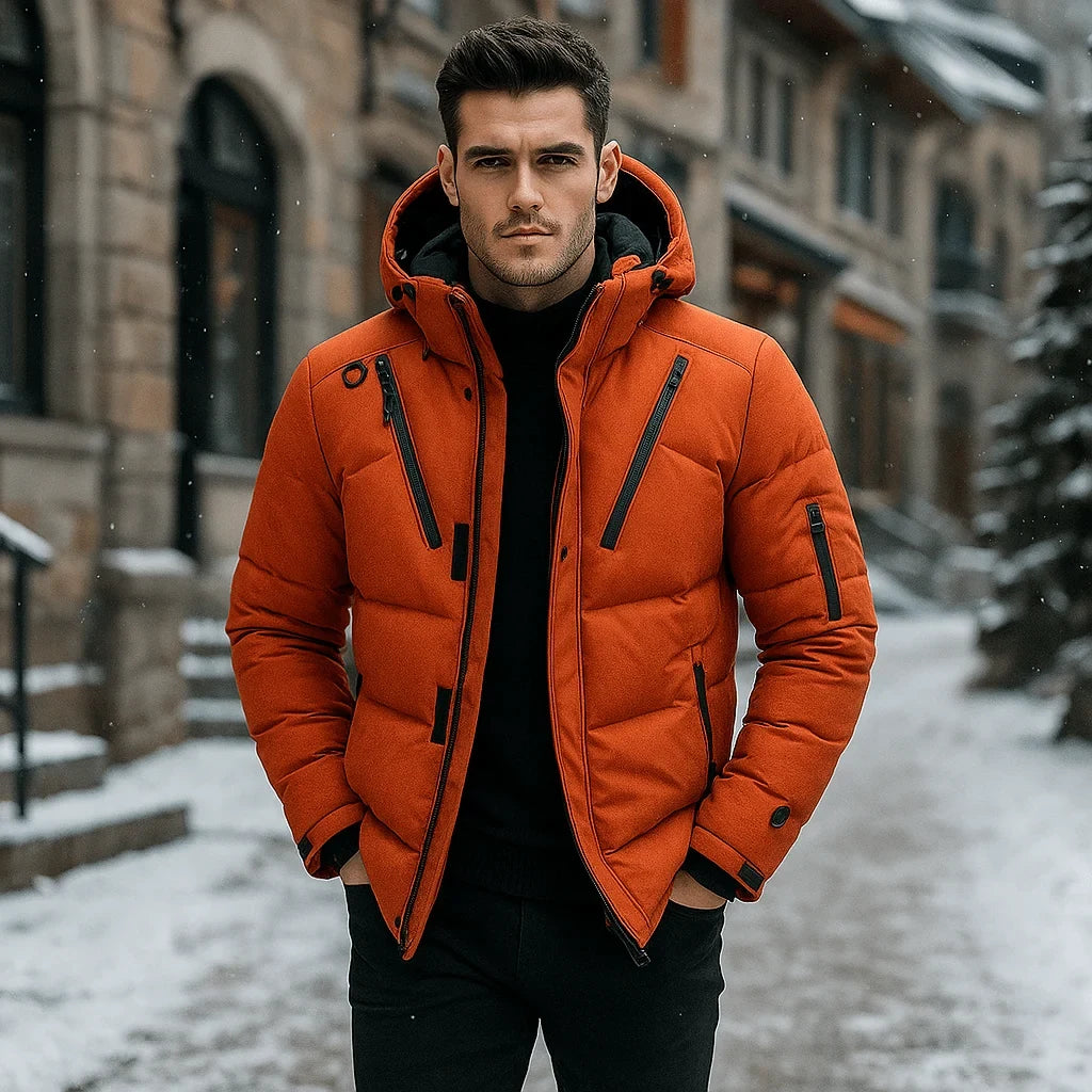 Men's Puffer Jacket with Quilted Design Integrated Hood and Zippered Pockets - Image 4