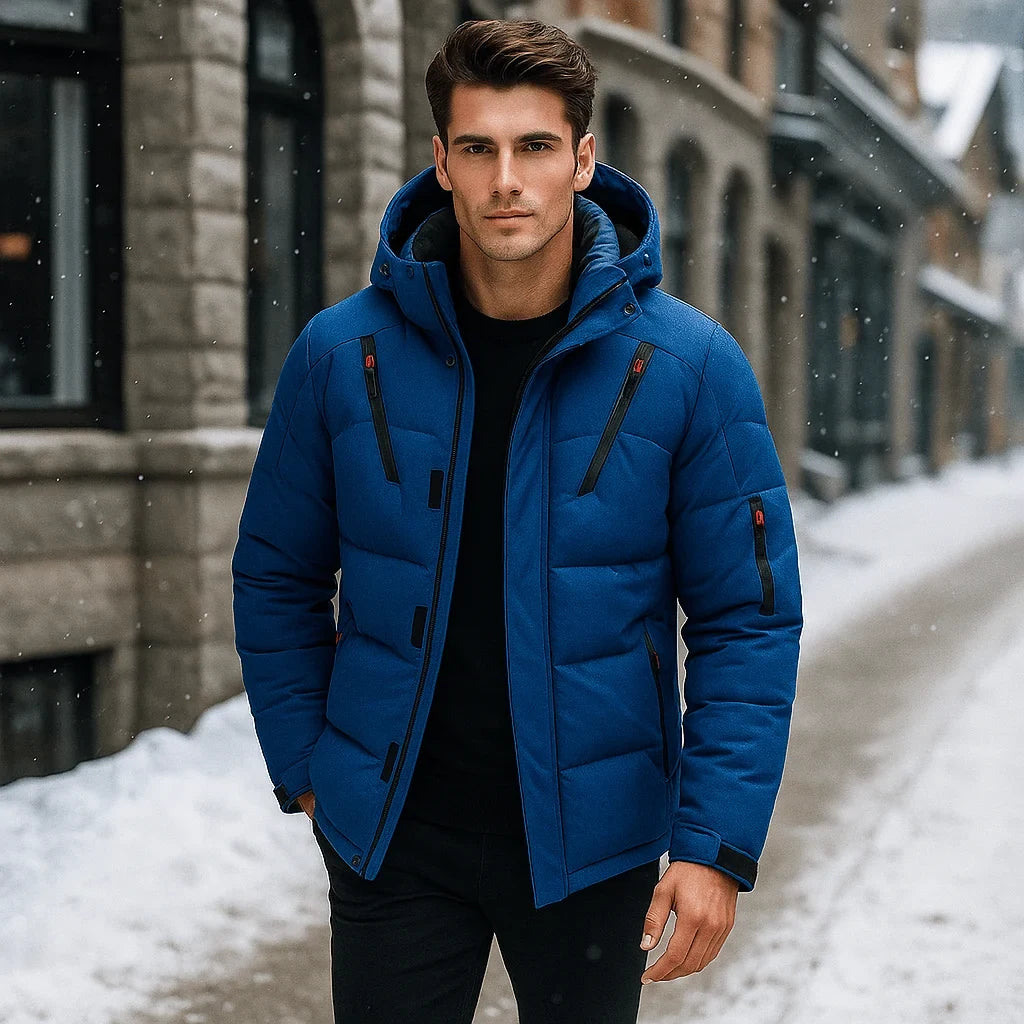 Men's Puffer Jacket with Quilted Design Integrated Hood and Zippered Pockets - Image 5