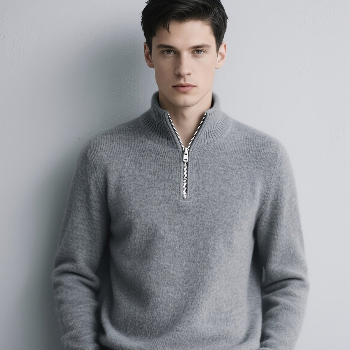 Men's Quarter-Zip Knit Sweater with Ribbed Funnel Neck