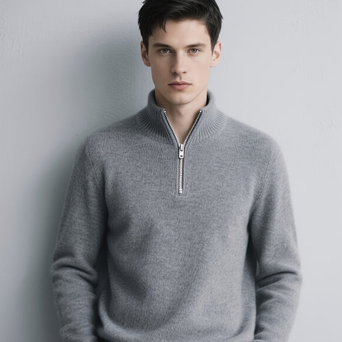 Men's Quarter-Zip Knit Sweater with Ribbed Funnel Neck - Image 1