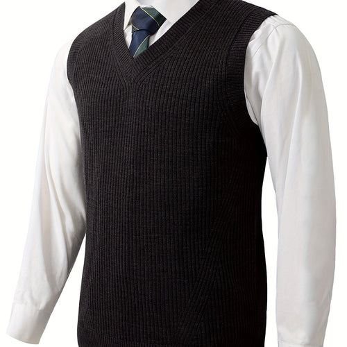 Men's Ribbed Knit V-Neck Sweater Vest Sleeveless Fabric - Image 1